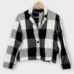 Vintage New Identity Black White Checked Blazer Womens M Boxy Indie Fringe Y2K